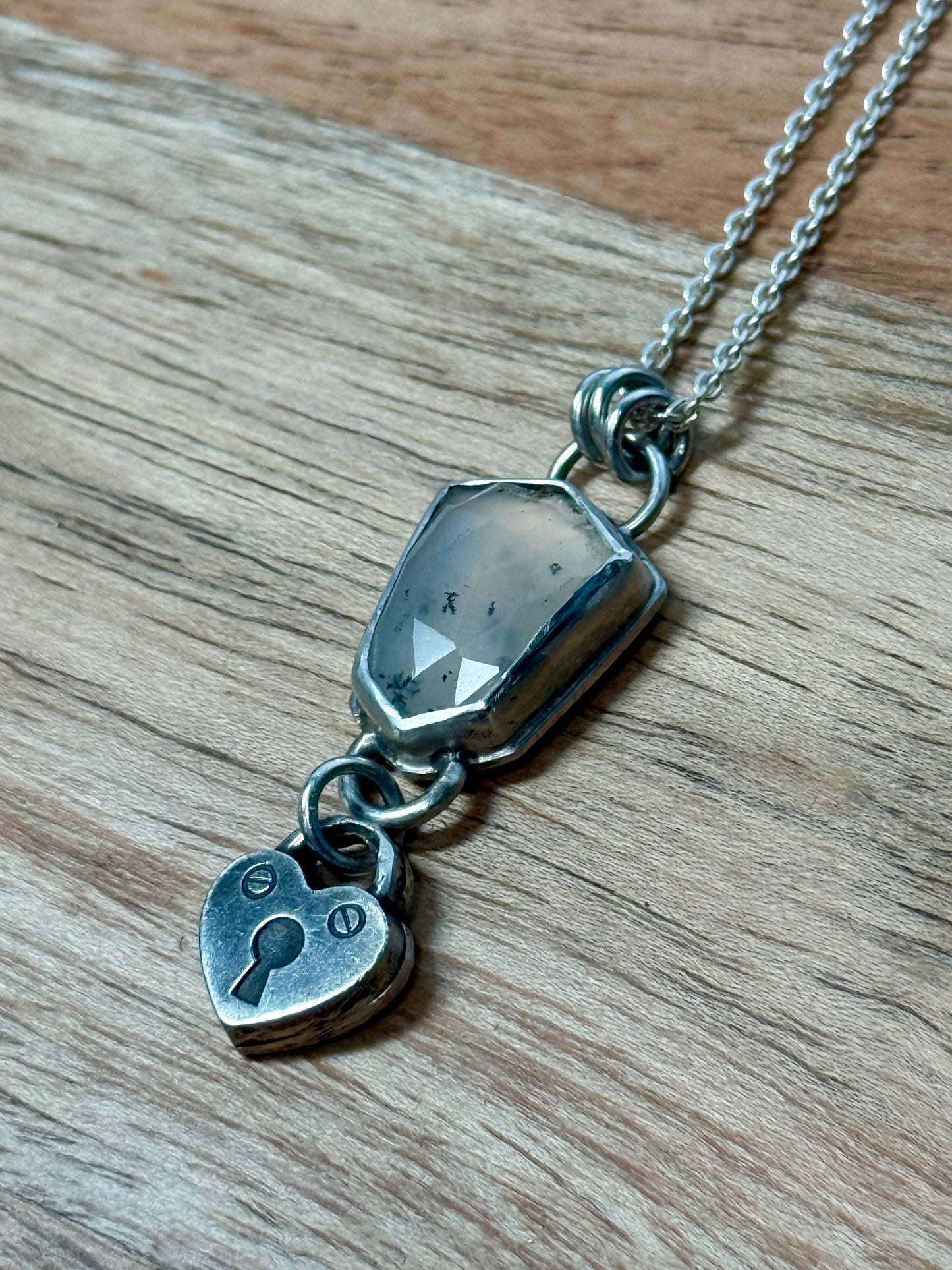 Dendritic Agate with Heart Shaped Lock Dangle Necklace