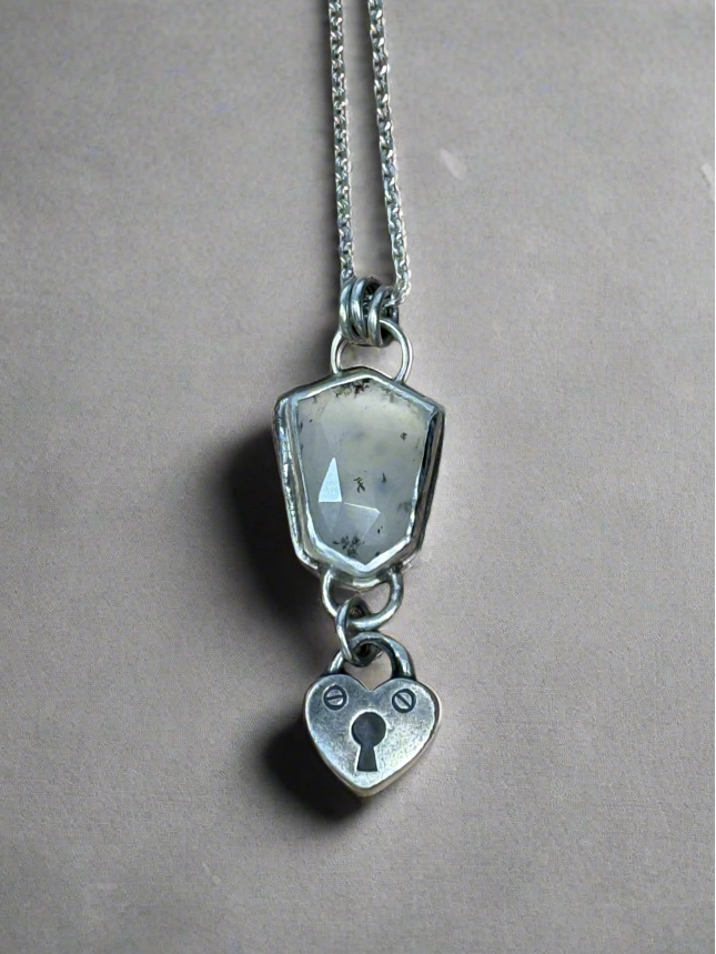 Dendritic Agate with Heart Shaped Lock Dangle Necklace