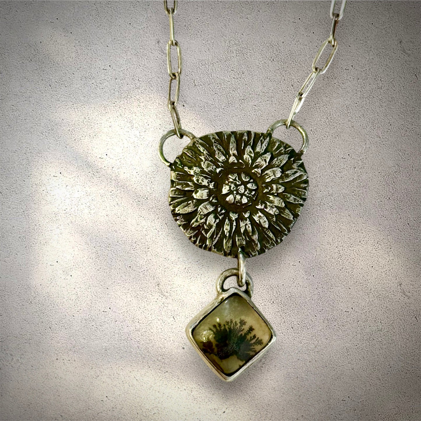 Fixed Dahlia Pendant with Dendritic Agate Dangle