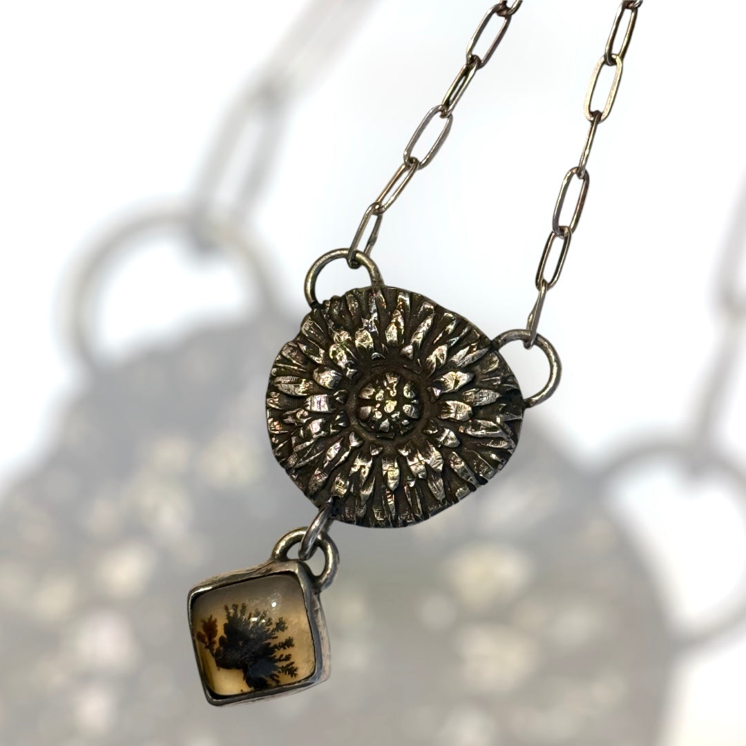 Fixed Dahlia Pendant with Dendritic Agate Dangle